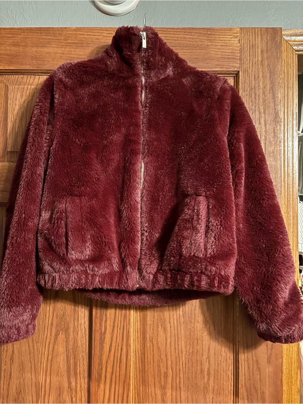Ashley By 26 International Plush Zip-Up Jacket in Burgundy
